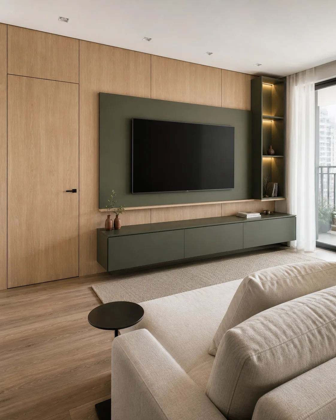 Projeto 3D de sala com painel de TV e armários planejados