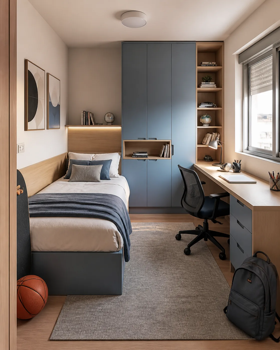 Projeto 3D de dormitório planejado com cama, armários e bancada