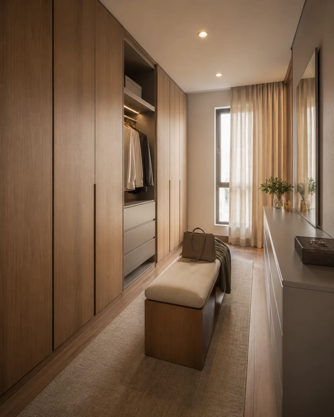 Projeto 3D de closet planejado com armários dos dois lados