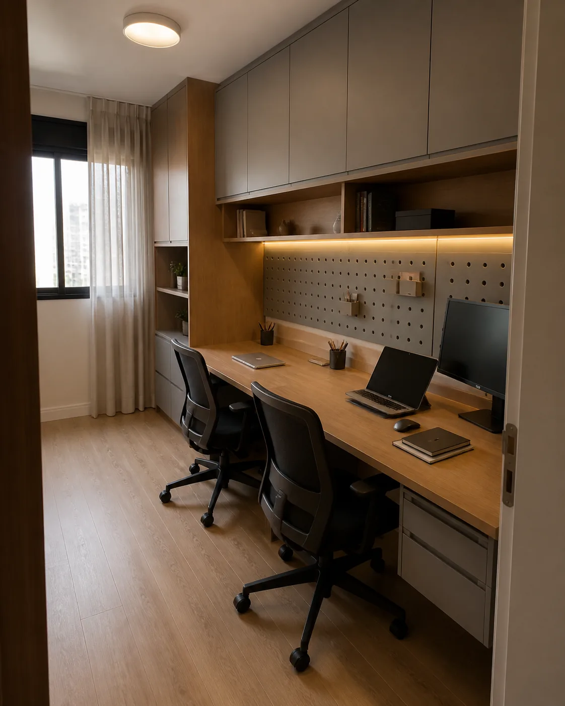 Projeto 3D de home office planejado com duas posições